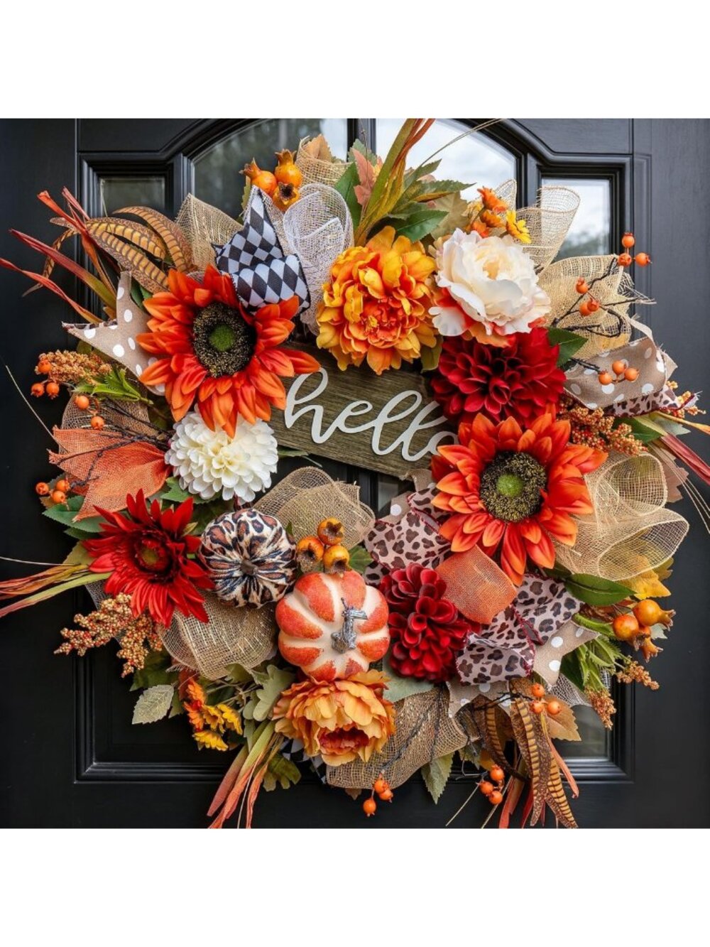 24-Inch Rustic Autumn Wreath for Front Door - Fall Decor with Hello Sign